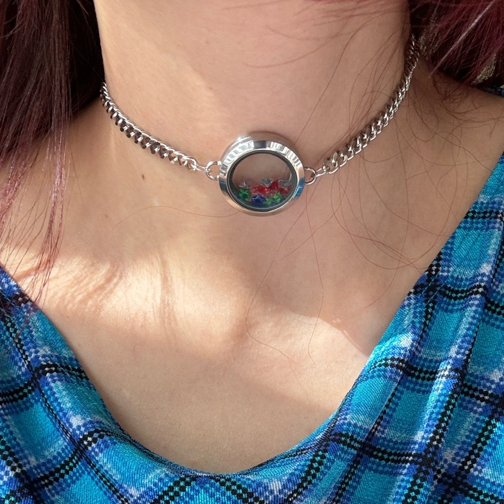 Silver Choker Necklace with Colorful Gems